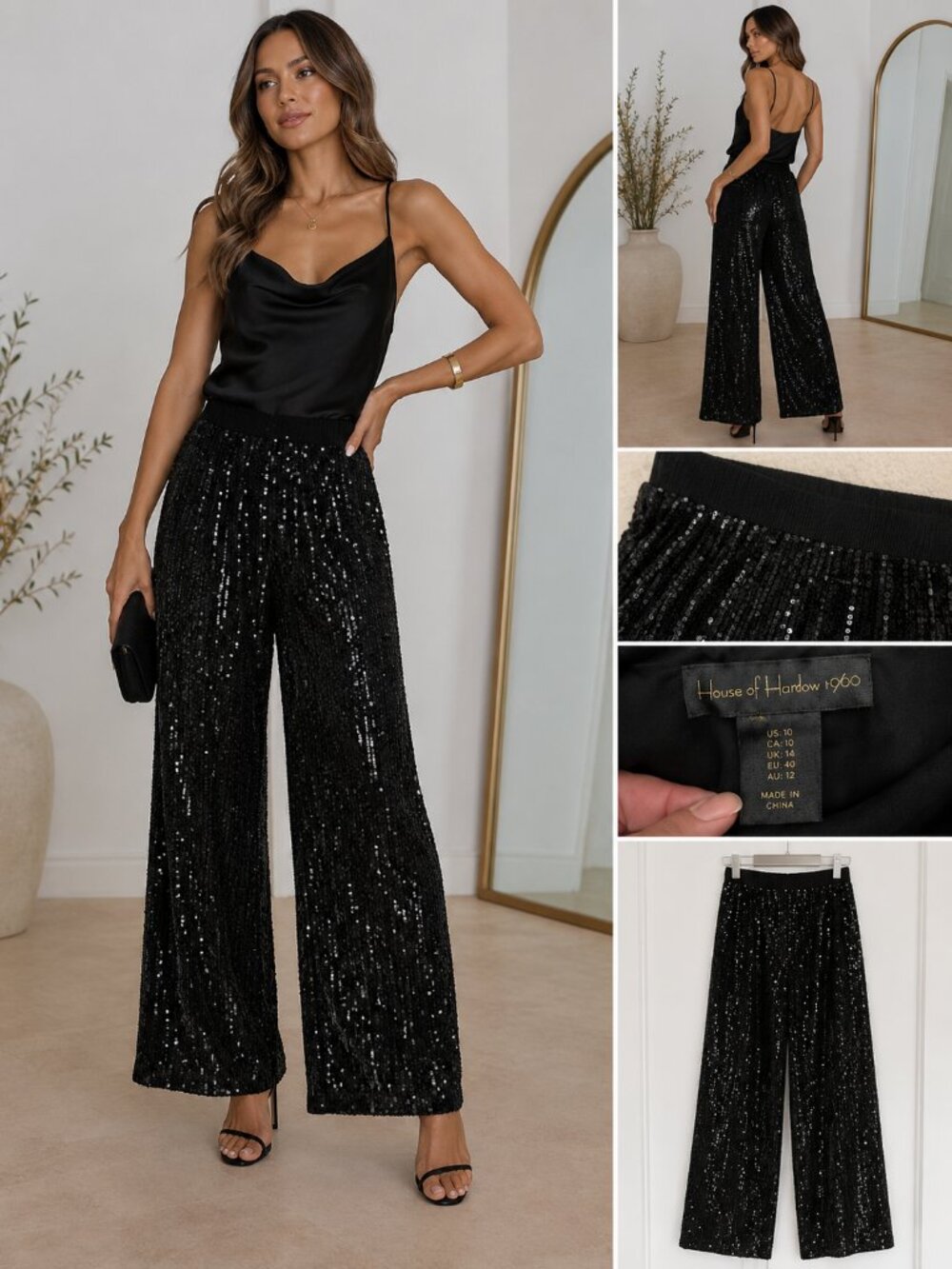 House of Harlow 1960 Black Sequin Wide Leg Glam Party Size 10